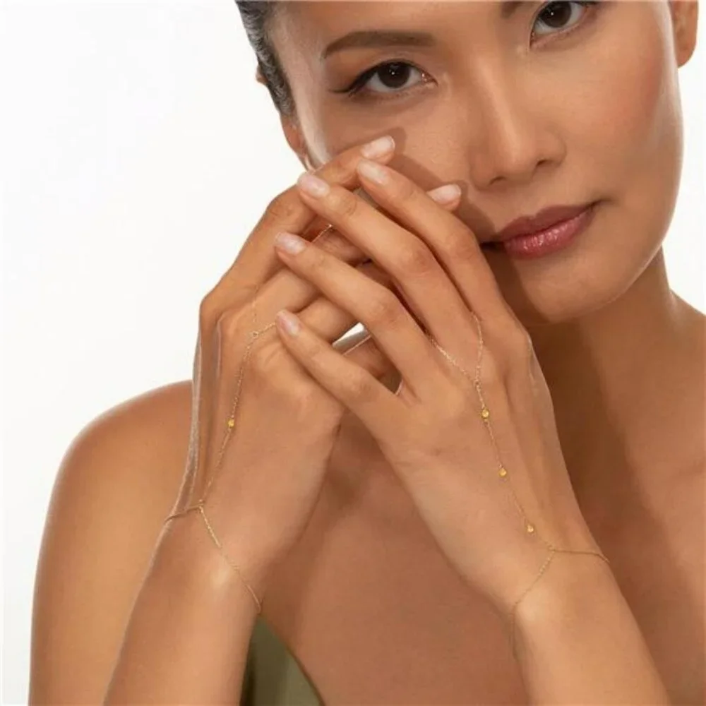 Gold hand chain bracelet ring slave cuff dainty 14k gold plated cubic zircon jew